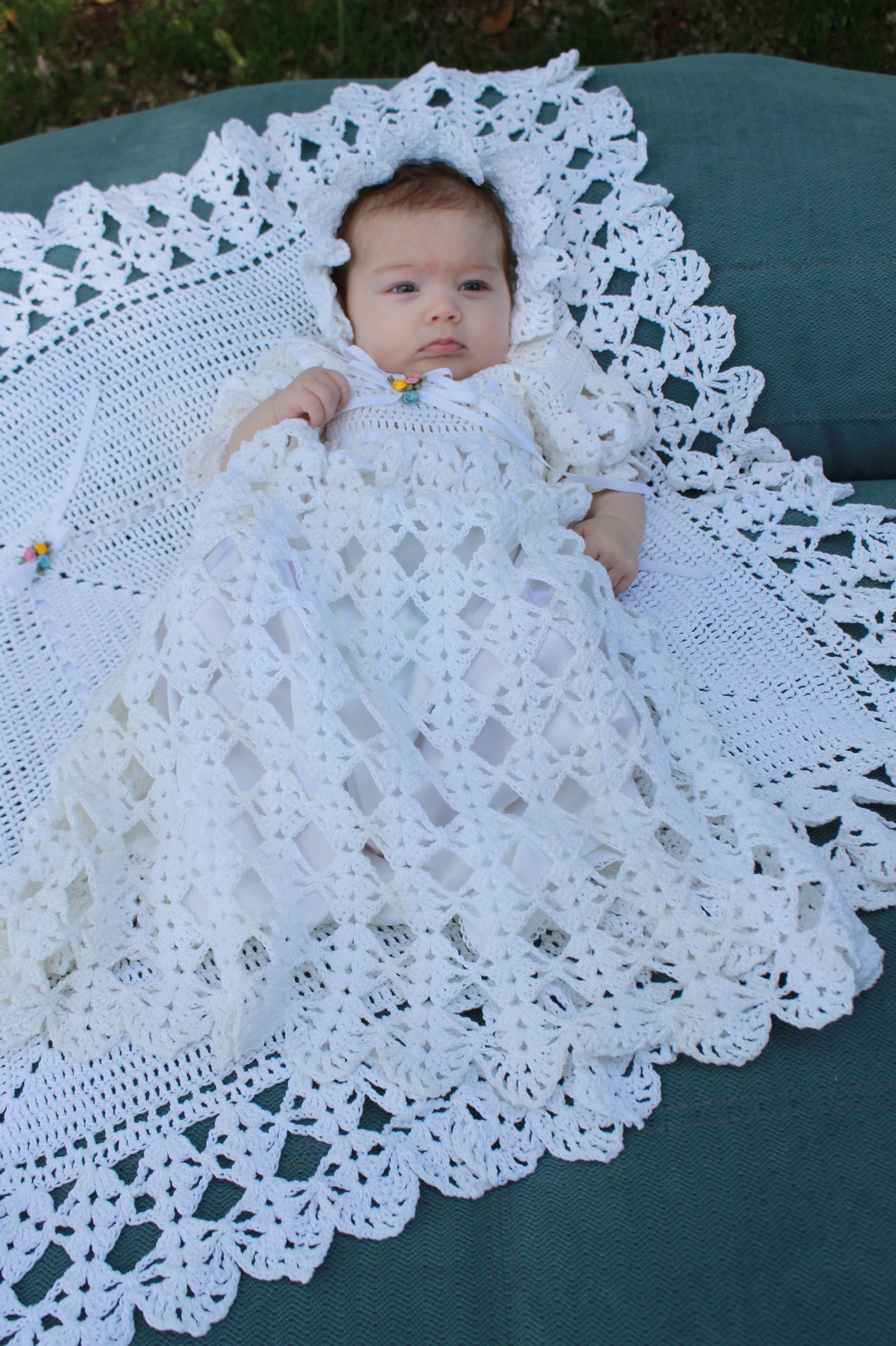 3-Piece Crocheted White Christening/Baptism Gown. online Size: 6-12 Months.