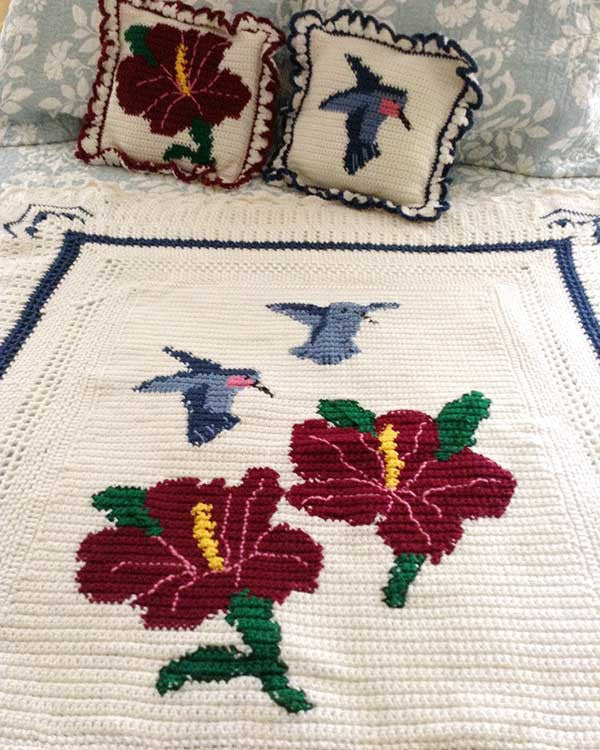 Hummers and Hibiscus Afghan and Pillows Crochet Pattern - Maggie's Crochet