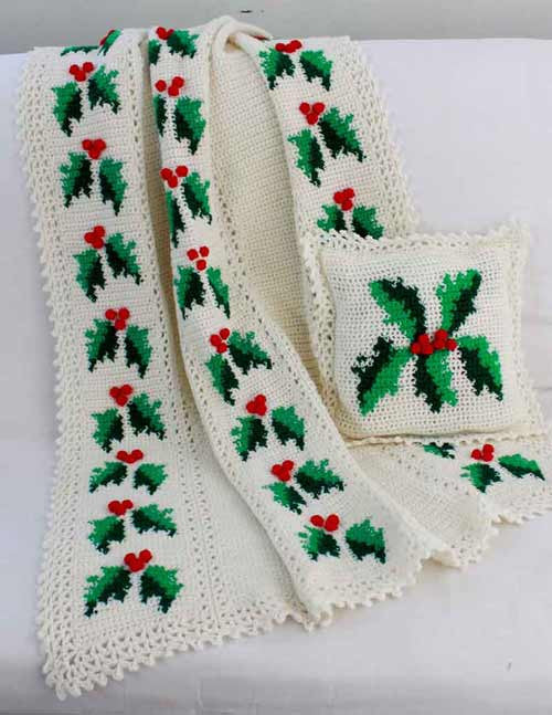 Festive Hollies Afghan and Pillow Pattern - Maggie's Crochet