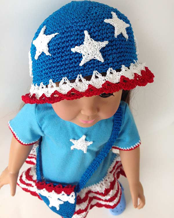 Little Miss Liberty 18" Doll T-Shirt Dress, Hat & Purse Crochet Pattern - Maggie's Crochet