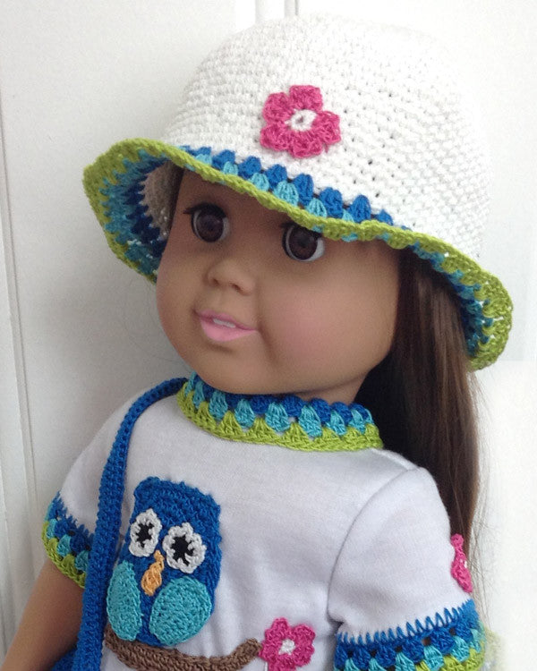 18" Doll Owl T-Shirt Dress, Hat & Purse Crochet Pattern - Maggie's Crochet