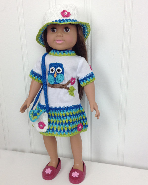 18" Doll Owl T-Shirt Dress, Hat & Purse Crochet Pattern - Maggie's Crochet