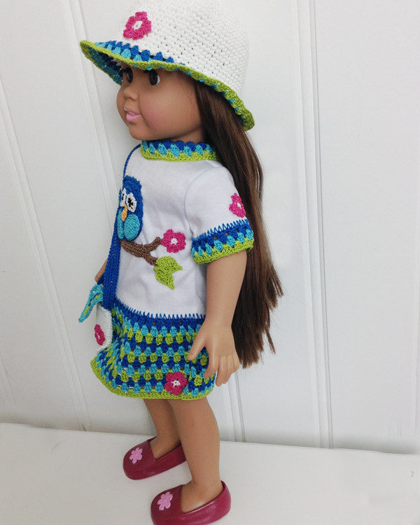 18" Doll Owl T-Shirt Dress, Hat & Purse Crochet Pattern - Maggie's Crochet